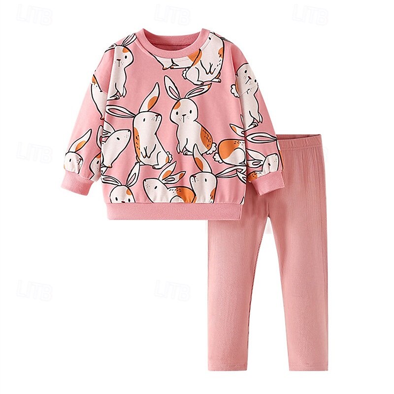 Easter Girls' 3D Cartoon Rabbit Sports Suit Tracksuits Sweatshirt Set Long Sleeve Spring Fall Daily Casual Comfort Kids 4-12 Years Crew Neck Outdoor Vacation Sports Tailored Fit