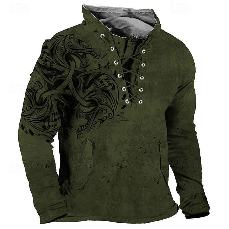 Men's Viking Warrior Graphic Prints Sweatshirt Pullover Long Sleeve Sweatshirt Standing Collar Streetwear Designer Basic 3D Print Sports & Outdoor Casual Daily Lace up Spring &  Fall3
