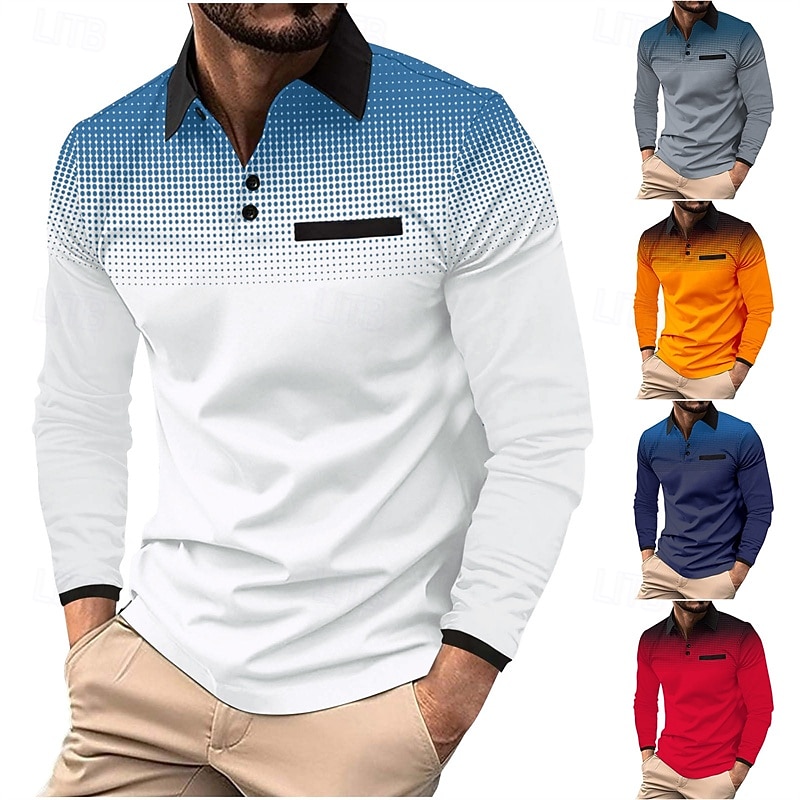 Men's Golf Shirt Golf Polo Work Casual Lapel Long Sleeve Basic Modern Polka Dot Color Block Patchwork Button Spring &  Fall Regular Fit Iron Gray Wine White Light Green Pink Red Golf Shirt