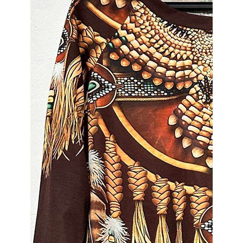 Women's T Shirt Vintage Ethnic Print Long Sleeve Regular Tops Crew Neck Vacation Brown Spring Fall2
