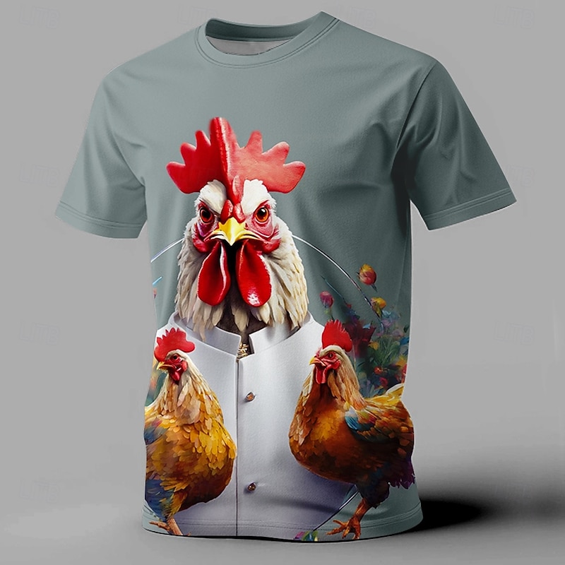 Men's Rooster T Shirt Short Sleeve T shirt 3D Print Crew Neck Shirt Fashion Athleisure Street Sports Outdoor Gray Summer Spring Clothing Apparel S M L XL XXL XXXL