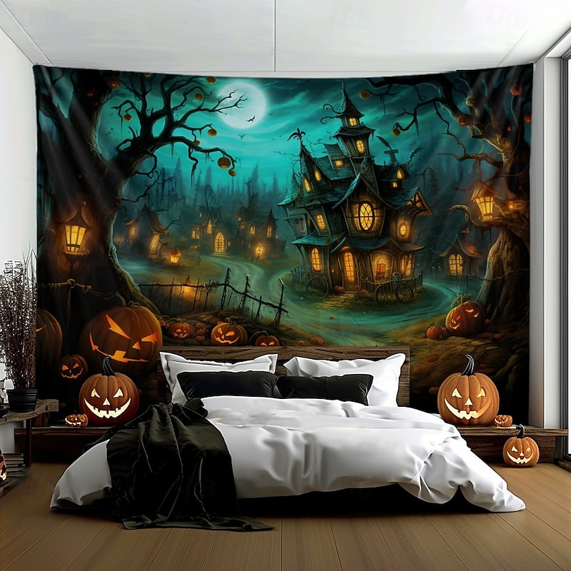 Halloween Decorations Hanging Tapestry Pumpkin Dwarf House Wall Art Large Tapestry Mural Decor Photograph Backdrop Blanket Curtain Home Bedroom Living Room Decoration2