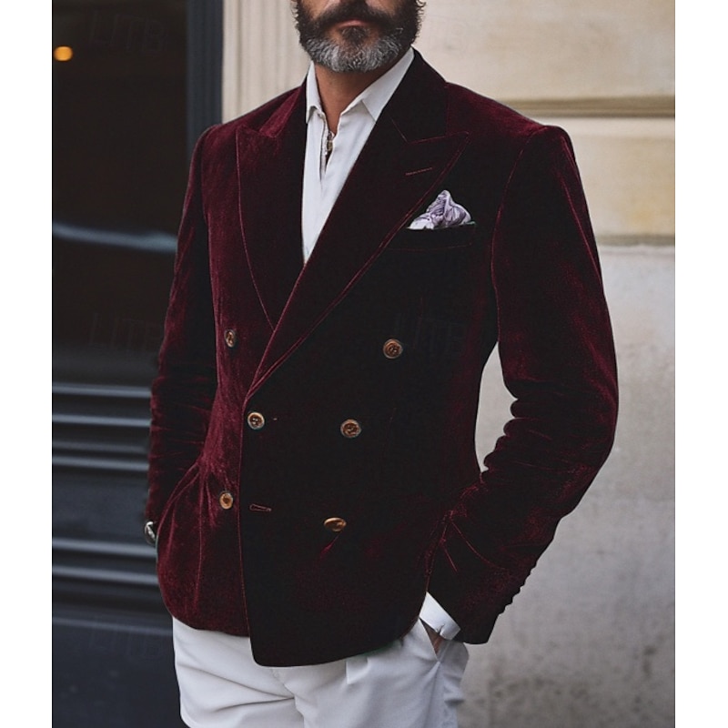 Men's Blazer Jacket Closure collar Vintage Party Velvet Solid Colored Blazer Burgundy Green Standard Fit Double Breasted Four-buttons4