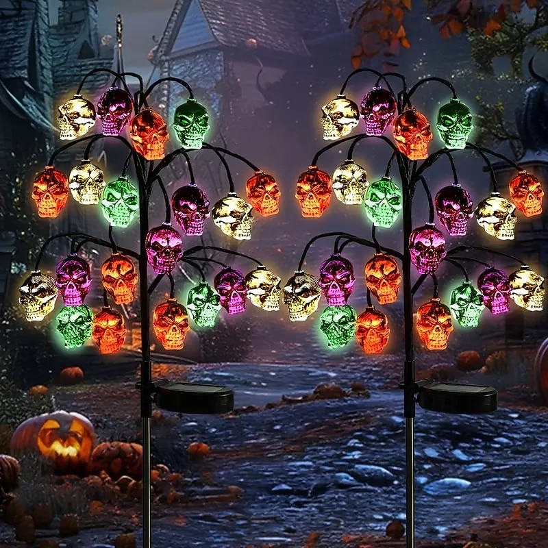 1pc Solar Skull Garden Lights 20LED Outdoor Halloween Pumpkin Light Waterproof DIY Decoration for Lawn Yard Walkway Landscape Lighting