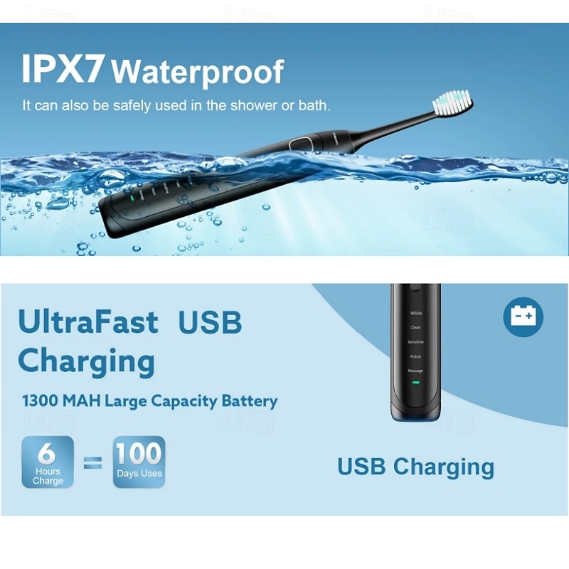 Electric USB Rechargeable Toothbrush for Adults and Teens, with 4 Brush Heads, Smart Timer, 5 Modes, IPX7 Waterproof, Teeth Whitening, Fast Charging and Long Lasting Battery4