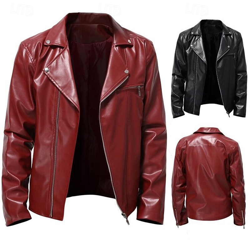 Men's Faux Leather Jacket Transition Jacket Biker Jacket Patent Leather Jacket Vacation Daily Windproof Warm Pocket Fall & Winter Plain Fashion Classic Lapel Regular Faux Leather PY01-Black PY01-Red - Main Image