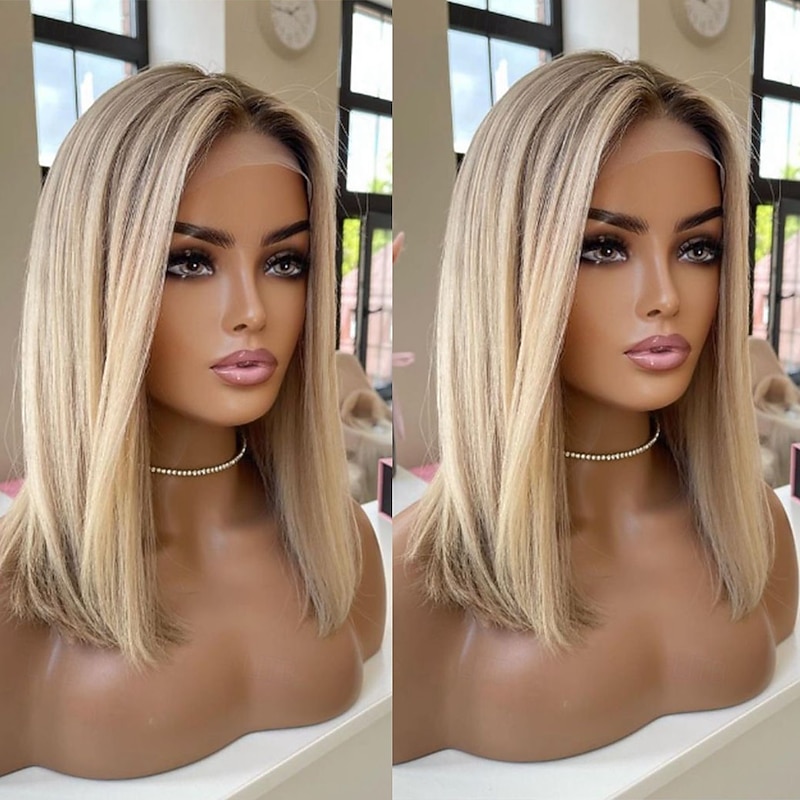 Remy Human Hair 13x4 Lace Front Wig Short Bob Middle Part Brazilian Hair Silky Straight Blonde Wig 130% 150% Density Color Gradient Glueless For Women Short Human Hair Lace Wig3