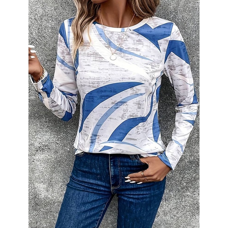 Women's T shirt Long Sleeve Crew Neck Long Sleeve Tunic Casual Print Regular Tops Daily Blue Purple Khaki Spring Fall Prefall3