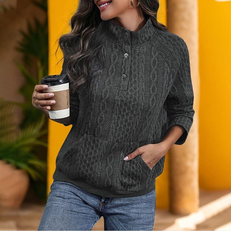 Women's Pullover Fashion Plain Work Dailywear Casual High Neck Buttons Loose Fit Long Sleeve Black Fall Winter4