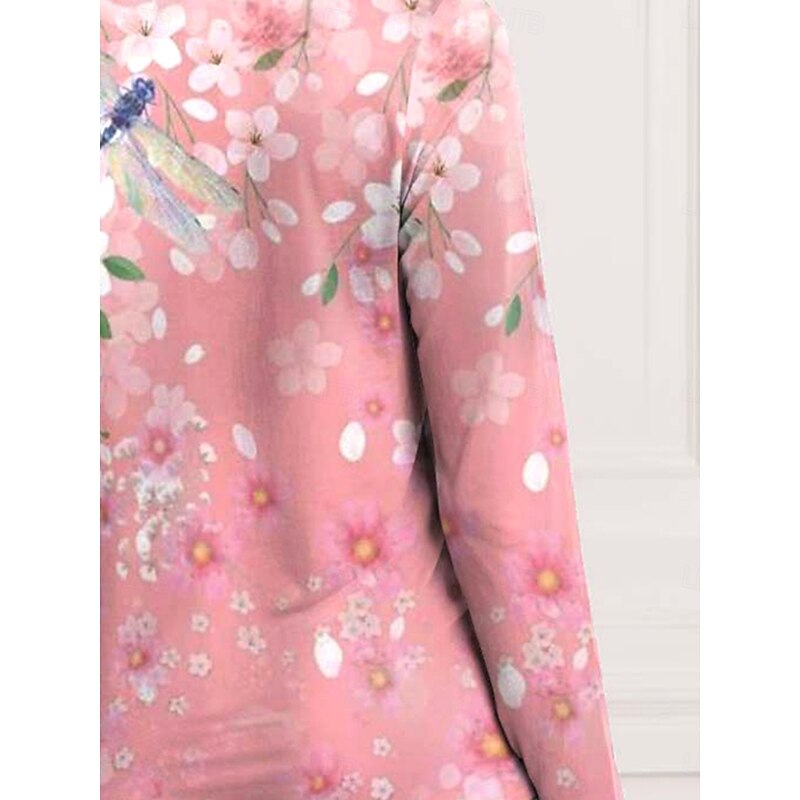 Women's T shirt Crew Neck Long Sleeve Tunic Casual Print Regular Tops Daily Pink Spring Fall3