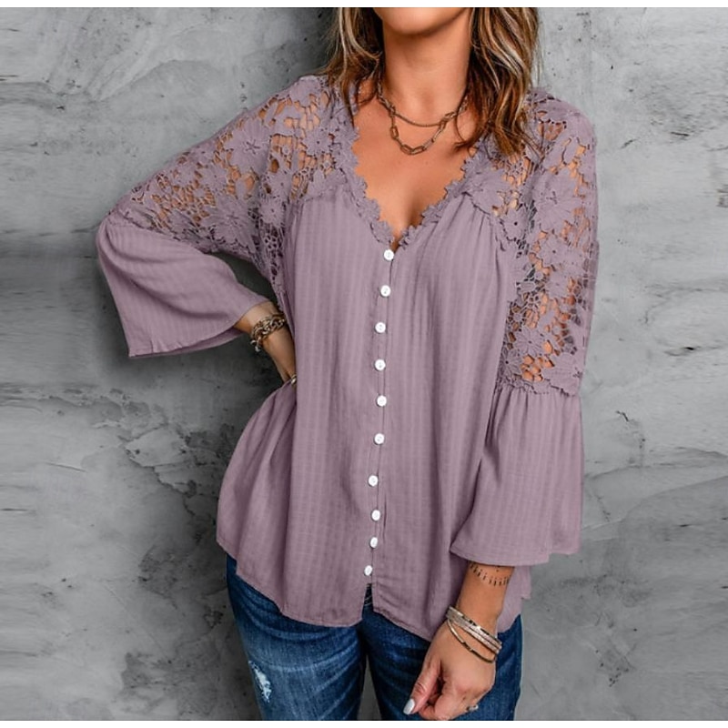 Women's White Elegant Lace Tops Eyelet Blouse Stylish Modern Lace Bell Sleeve 3/4 Length Sleeve V Neck Work Daily Black White Purple Green Spring Fall2
