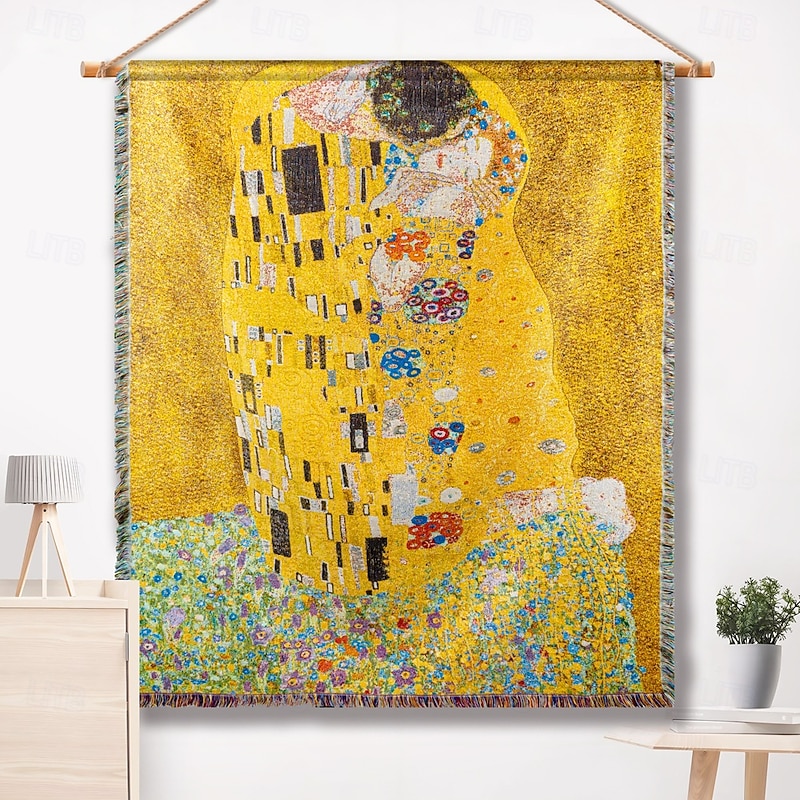 Jacquard Woven with Tassel Hanging Tapestry Wall Art Large Tapestry Mural Decor Photograph Backdrop Blanket Curtain Home Bedroom Living Room Decoration Klimt The Lover