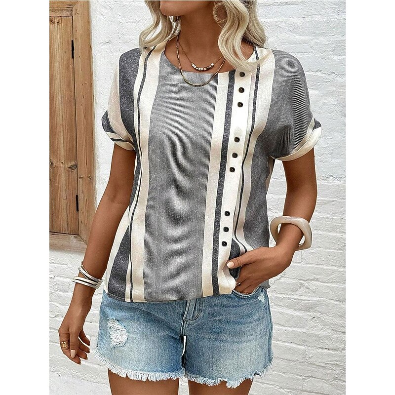 Women's Blouse Chic Striped Pattern with Button Embellishments V-neck Short Sleeve Summer Spring Casual Daily Linen Like Wear Versatile Fit Gray Black Off-white