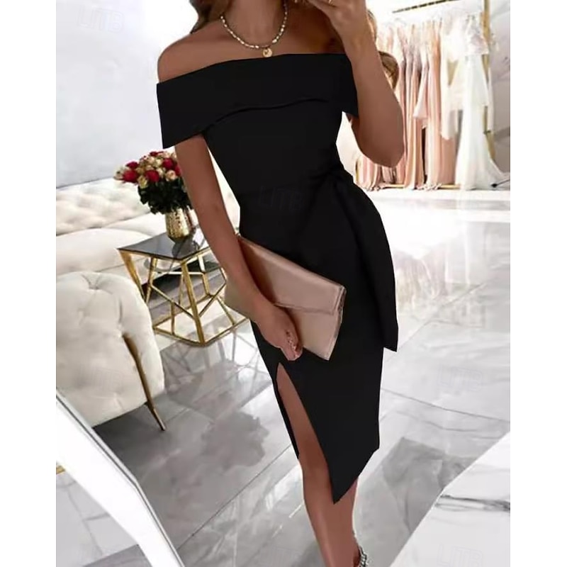 Women's Midi Dress Black Dress Graduation Dress Cocktail Dress Formal Dress Casual Street Date Regular Fit Plain Short Sleeve Off Shoulder Black Pink Red Summer Spring