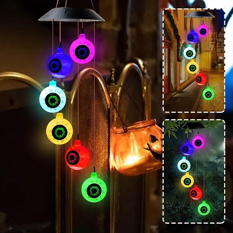 Halloween Solar Wind Chime Outdoor Decorative Hanging Light Terrifying Eye Light for Courtyard Garden Party Showcase Halloween Festival Decorative Atmosphere Hanging Light