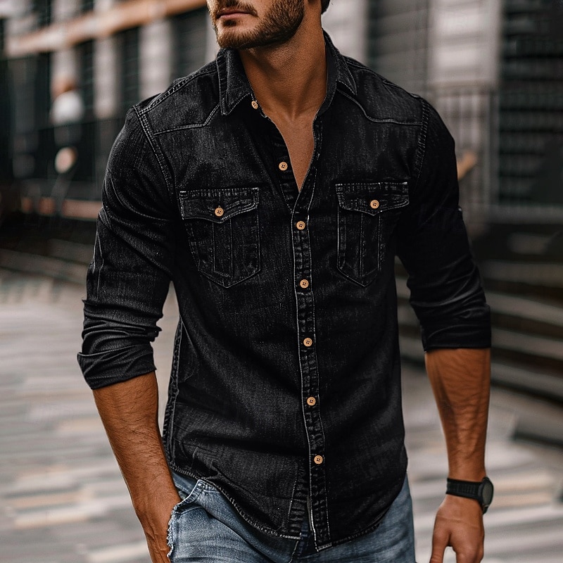 Men's Shirt Chambray Shirt Calico Shirt Button Up Shirt Casual Shirt Denim Shirt Denim Blue Black Dark Navy Blue Long Sleeve Plain Collar Daily Vacation Clothing Apparel Cotton Fashion Casual