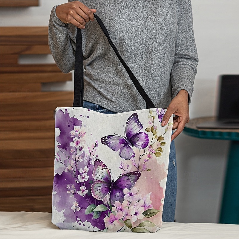 Women's Butterfly Print Canvas Tote Bag with Floral Design, Eco-Friendly Reusable Shopper for Daily Use3