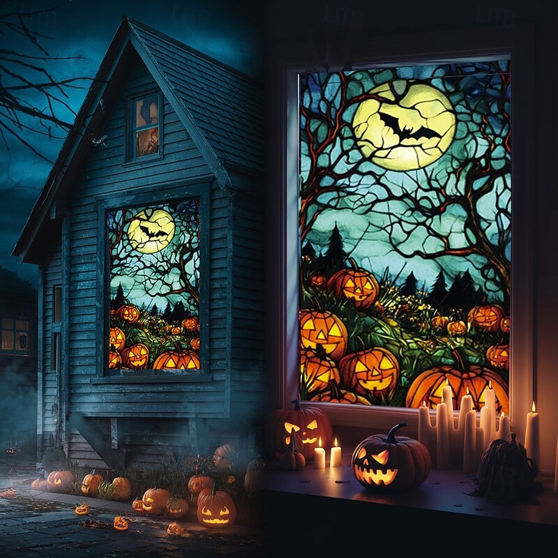 Halloween Window Cover Decorations, Fabric Stained Glass Pumpkin Halloween Curtain Poster Window Door Covering Decor for Haunted House, Scary Halloween Window Clings Decals Indoor Outdoor