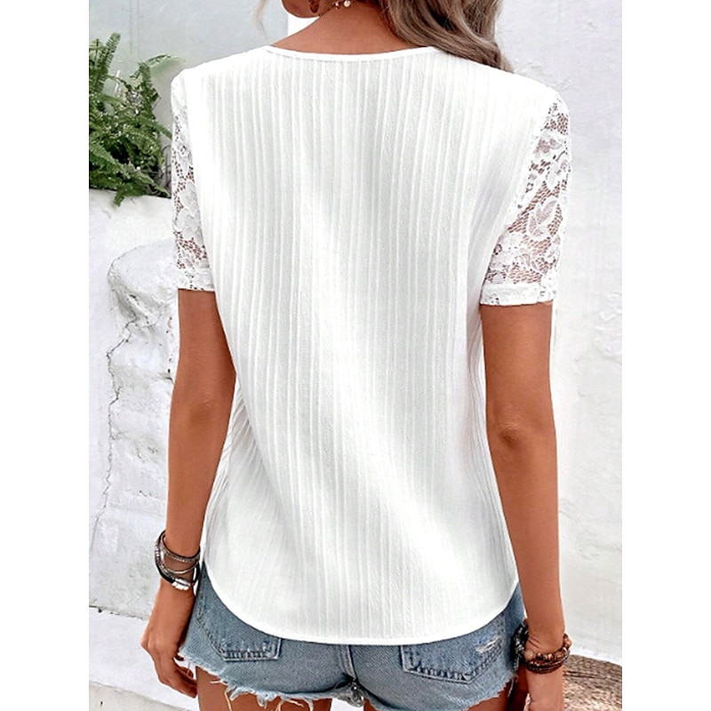 Women's White Elegant Lace Tops Eyelet Blouse Casual Solid Color Regular Tops Short Sleeve V Neck Lace Patchwork Buttons Regular Fit Daily White Romantic Petite Tops Summer Holiday Wear2