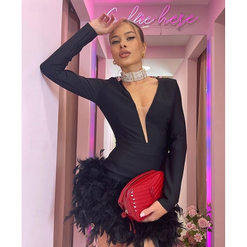 Sheath Homecoming Dresses Elegant Dress Holiday Homecoming Short / Mini Long Sleeve V Neck Polyester with Feather  dress to impress