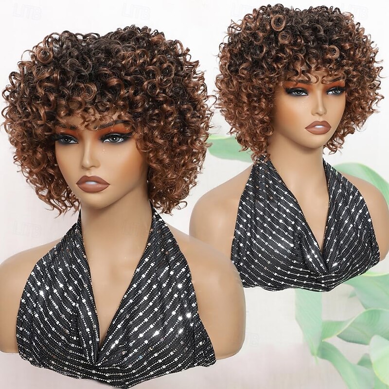 Short Kinky Curly Wigs With Bangs for Black Women Wigs Synthetic Curly Wig High Temperature Fiber Short Curly Afro Wig2