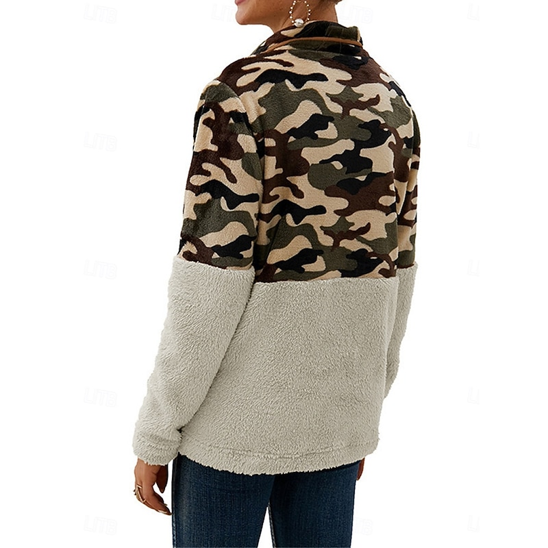 Women's Sweatshirt Casual Camouflage Street Dailywear V Neck Patchwork Buttons Pocket Long Sleeve Beige Gray Fall Winter3