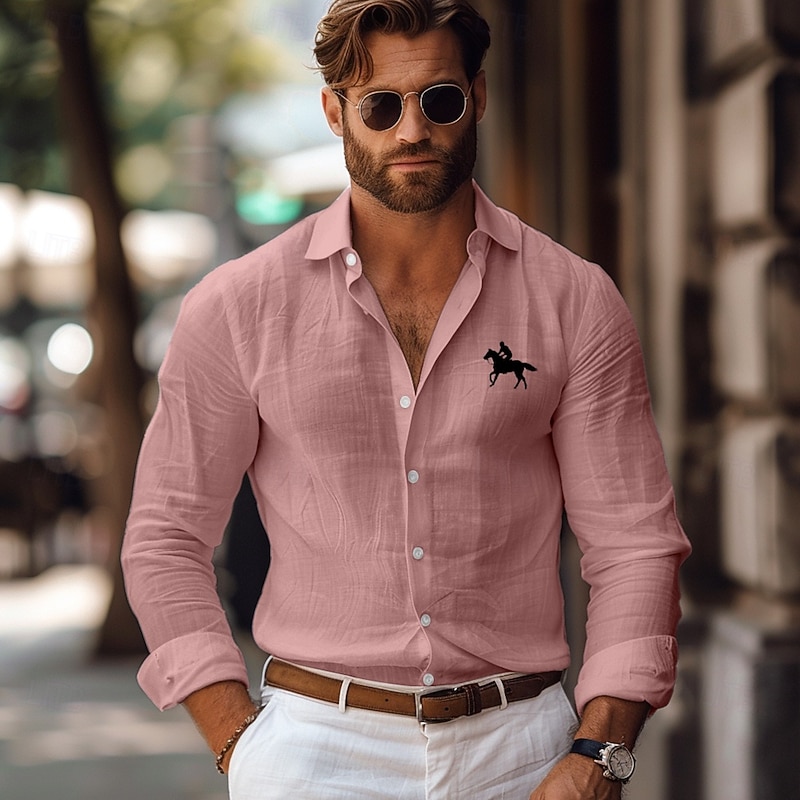 Men's Linen Shirt Horse Outdoor Vacation White Pink Green Gray Long Sleeve Lapel Spring Fall Clothing Apparel Button Up4
