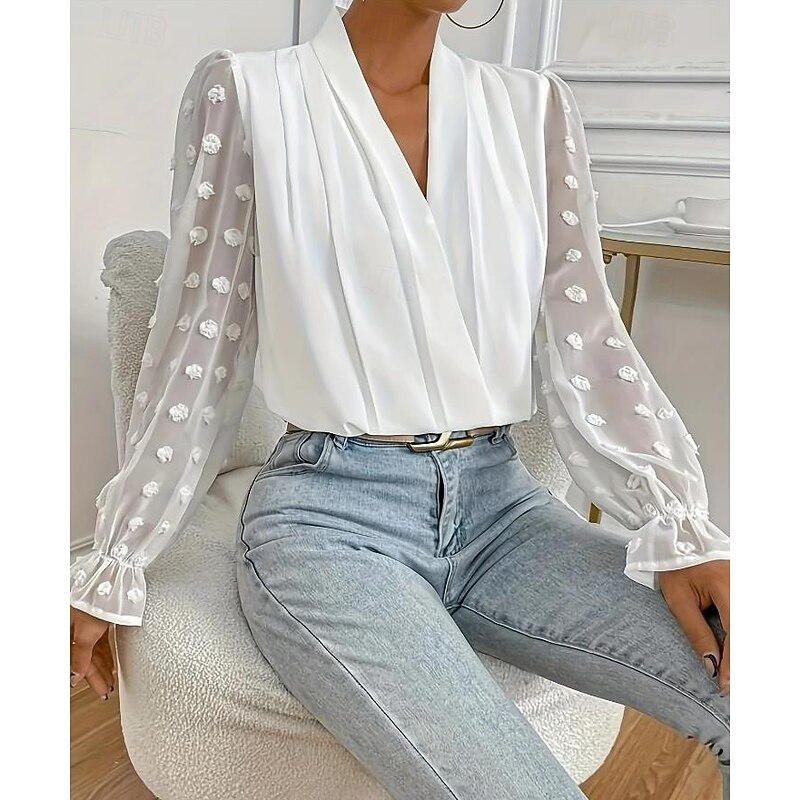 Women's Blouse Stylish Modern Mesh Long Sleeve Regular Tops V Neck Work Daily White Spring Fall2