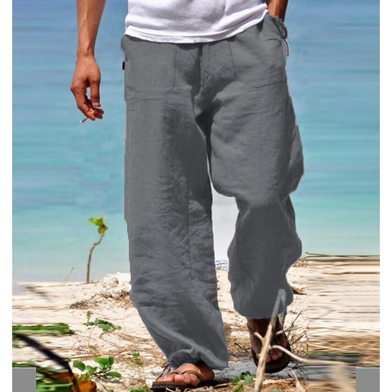 Men's Trousers Summer Pants Beach Pants Elastic Waist Wide Leg Straight Leg Plain Soft Breathable Yoga Casual Daily Fashion Streetwear Loose Fit Black White2