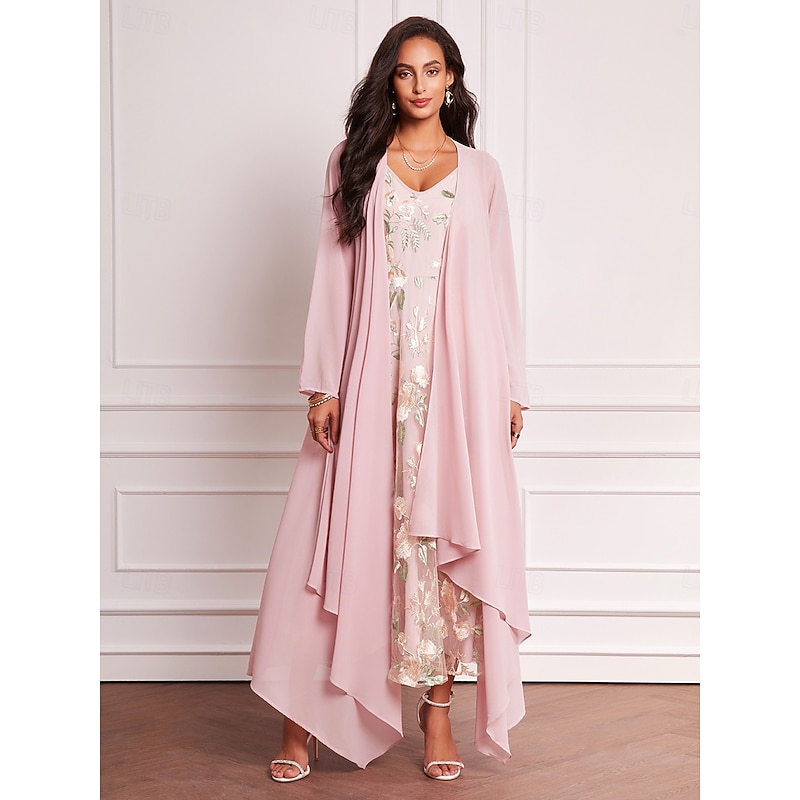 Women's Wedding Guest Dress Set Maxi Dress Chiffon Cardigan Embroidered Date Vacation Elegant V Neck Long Sleeve Pink Color Spring Summer Fall4