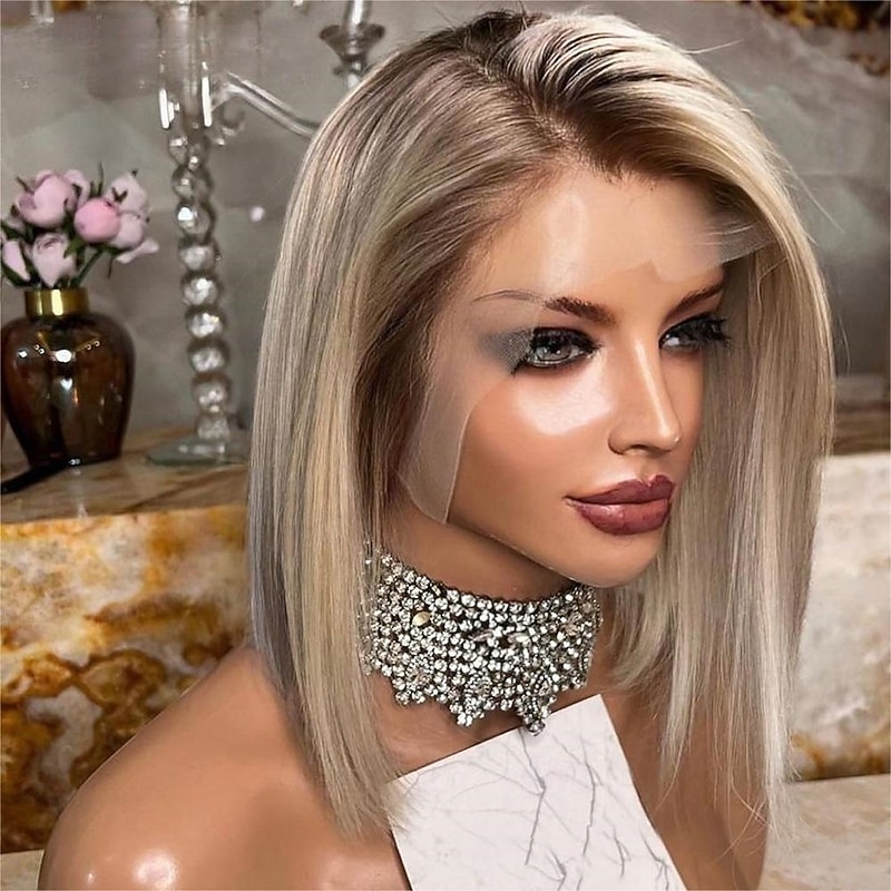 Remy Human Hair 13x4 Lace Front Wig Bob Short Bob Side Part Brazilian Hair Straight Dark Gray Blonde Multi-color Wig 130% 150% 180% Density with Baby Hair Natural Hairline Glueless With Bleached4