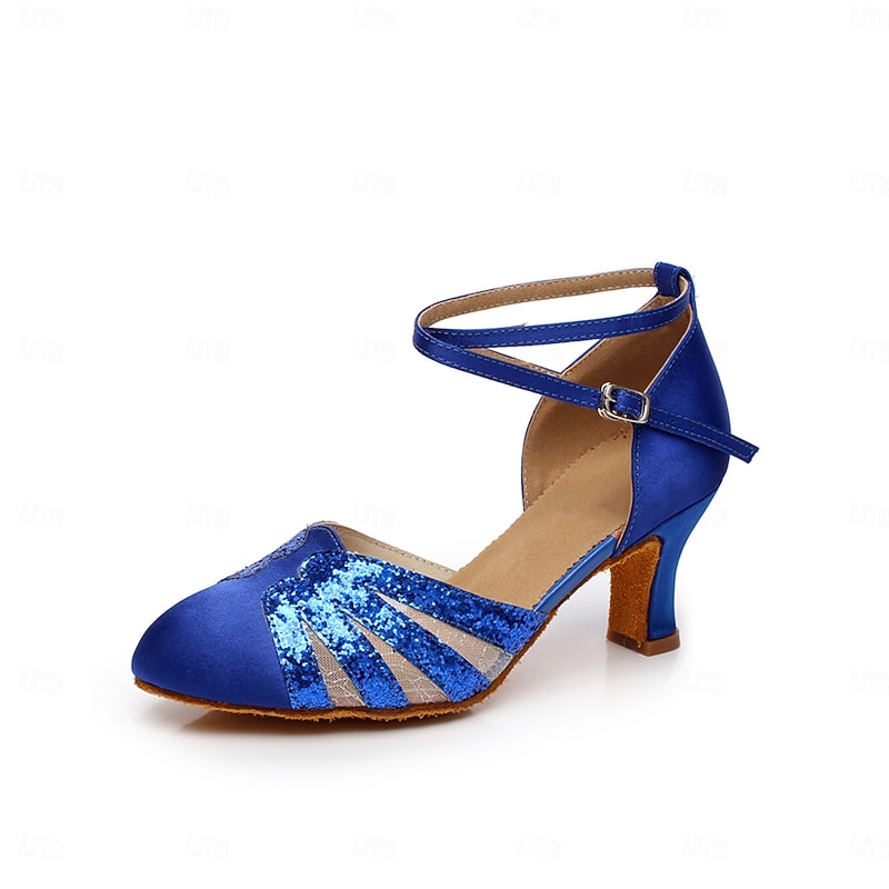 Women's Blue Glitter Satin Dance Shoes with Cross-Strap and Mesh Design, Comfortable Heels for Latin and Ballroom Dancing
