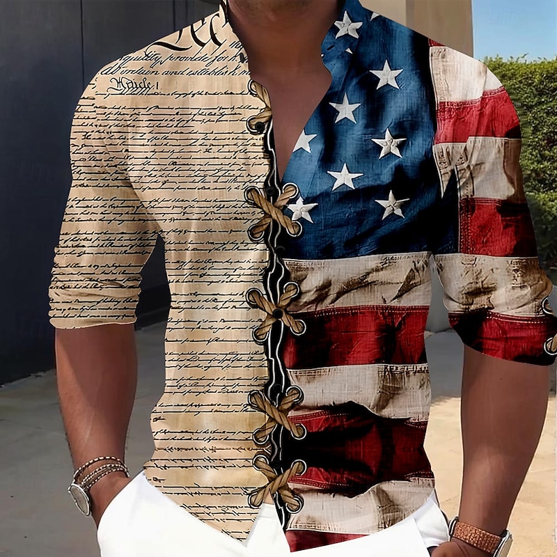 American Independence Day Men's American Flag Patriotic Button Up Shirt Long Sleeve Casual Vacation Daily Summer Spring &  Fall Grandad Collar Band Collar 3D Print Brown