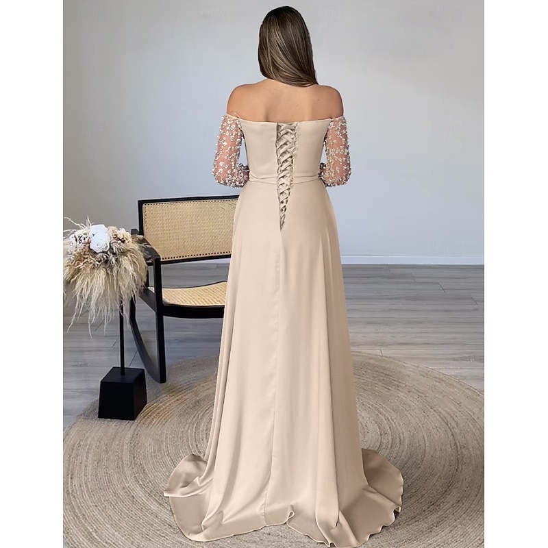 Sheath Evening Gown Elegant Dress Formal Floor Length Long Sleeve Off ShoulderMother Of the Bride Dress Satin with Pearls Overskirt2