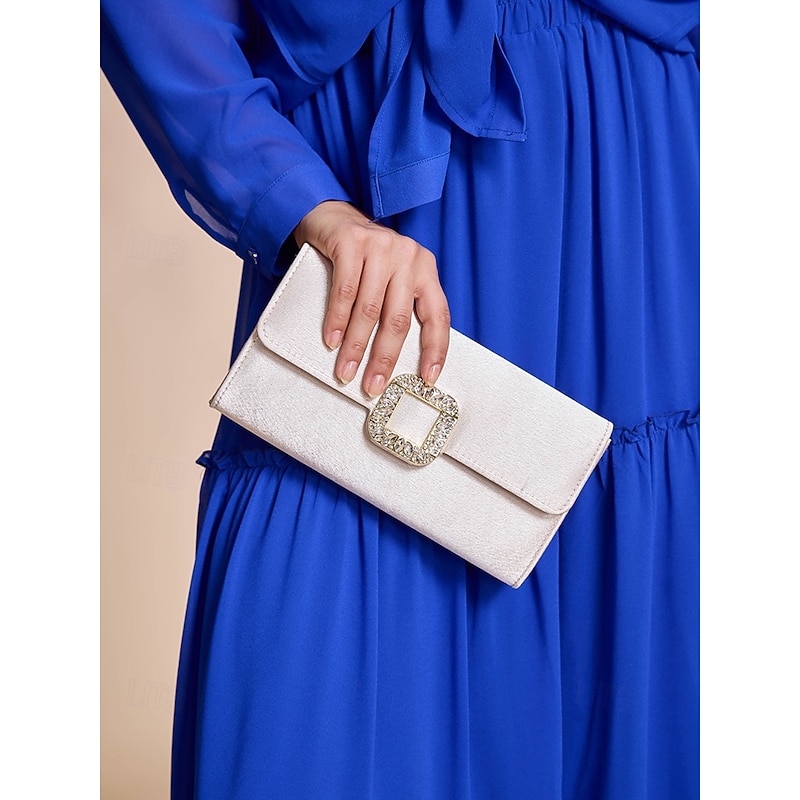 Women's White Satin Clutch with Rhinestone Buckle - Elegant Evening Bag for Special Occasions4