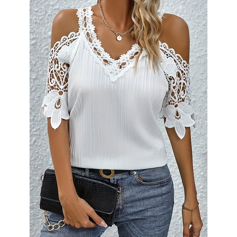 Women's Blouse Stylish Modern Solid Color Lace Short Sleeve Daily White Sky Blue Summer2