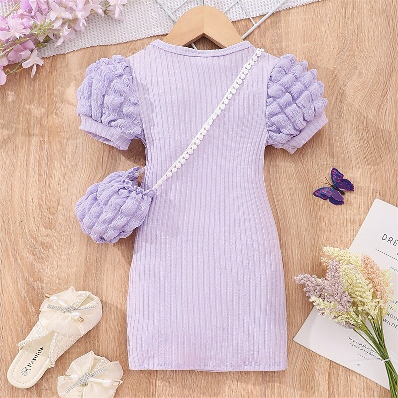 Girls' 3D Solid Color Dress Short Sleeve Summer Vacation Daily Holiday Princess Beautiful Sweet Little Kids(4-7ys) 4-7 Years Casual Dress A Line Dress Knee-length Regular Fit2