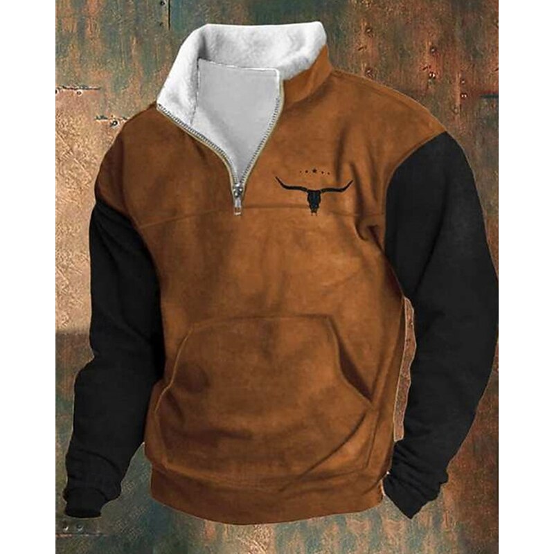 Men's Sweatshirt Quarter Zip Sweatshirt Black Brown Half Zip Color Block Cow Patchwork Pocket Sports & Outdoor Daily Holiday Polyester Vintage Casual Thin fleece Fall & Winter Clothing Apparel Hoodies