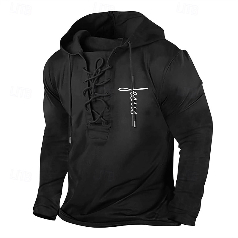 Men's Hoodie Black Hooded Cross Drawstring Sports & Outdoor Daily Holiday Streetwear Basic Casual Spring &  Fall Clothing Apparel Hoodies Sweatshirts