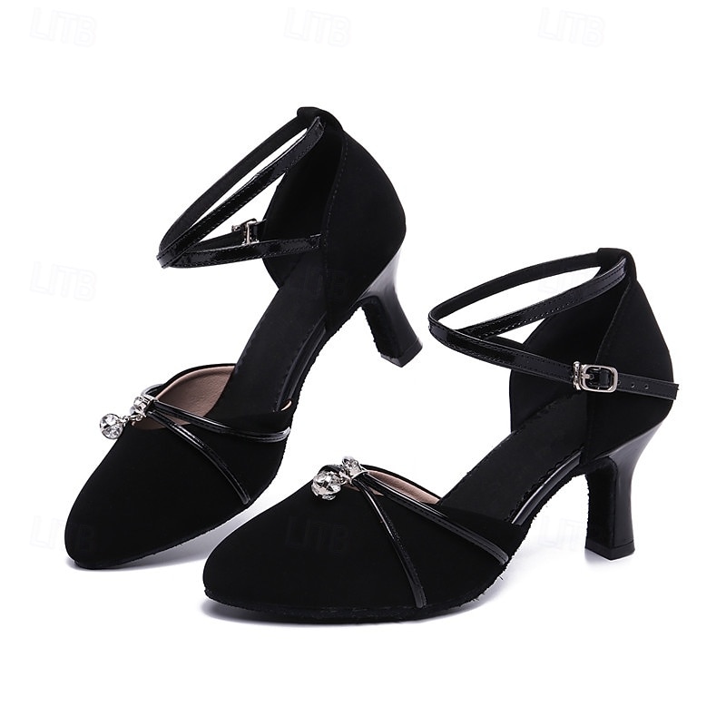 Women's Black Dance Shoes with Ankle Strap and Rhinestone Accent, Closed-Toe Ballroom Heels for Latin and Salsa Dancing4