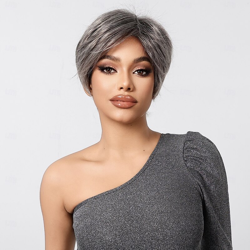 Synthetic Wig Uniforms Career Costumes Princess Straight kinky Straight Middle Part Layered Haircut Machine Made Wig 10 inch Grey Synthetic Hair Women's Cosplay Party Fashion Gray4