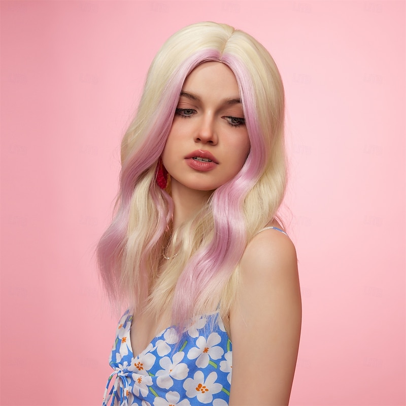 Synthetic Wig Uniforms Career Costumes Princess Curly Wavy Middle Part Layered Haircut Machine Made Wig 14 inch Gold Pink Synthetic Hair Women's Cosplay Party Fashion Pink2