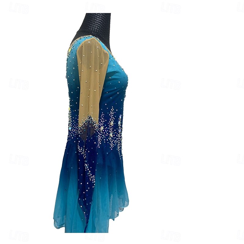 Figure Skating Dress Women's Girls' Ice Skating Dress Royal Blue Patchwork Thumbhole Stretchy Training Practice Professional Skating Wear Crystal / Rhinestone Long Sleeve Ice Skating Figure Skating3