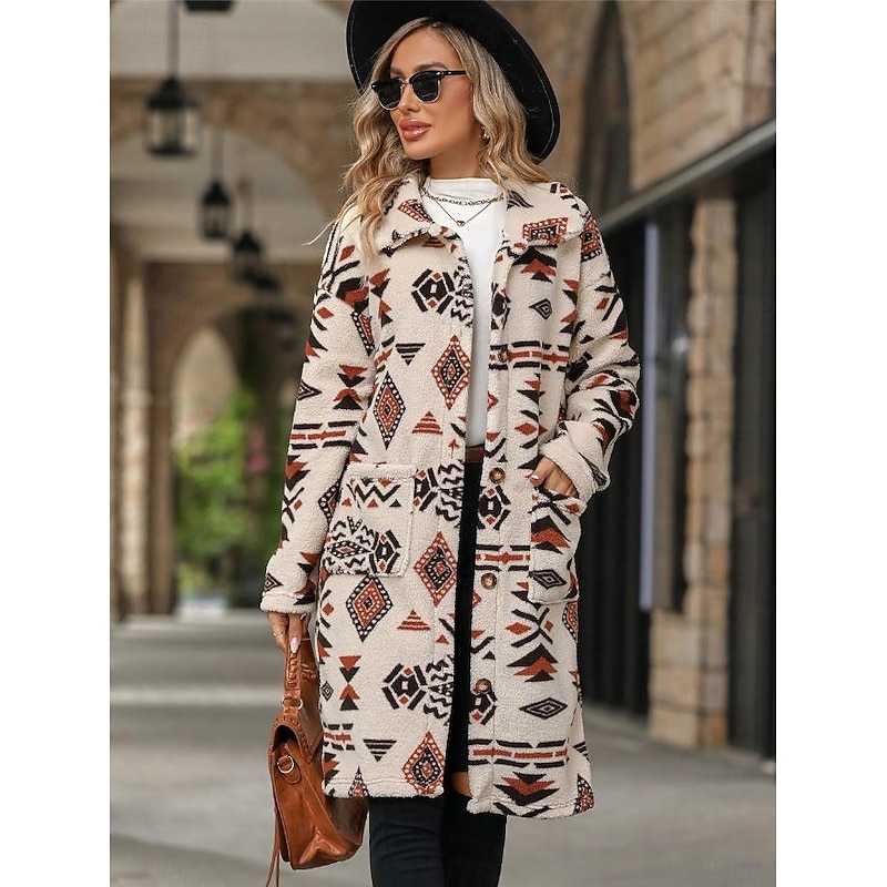Women's Sherpa Jacket Street Daily Wear Fall Winter Regular Coat Regular Fit Warm Breathable Comtemporary Stylish Plush Jacket Long Sleeve Geometric with Pockets Apricot2