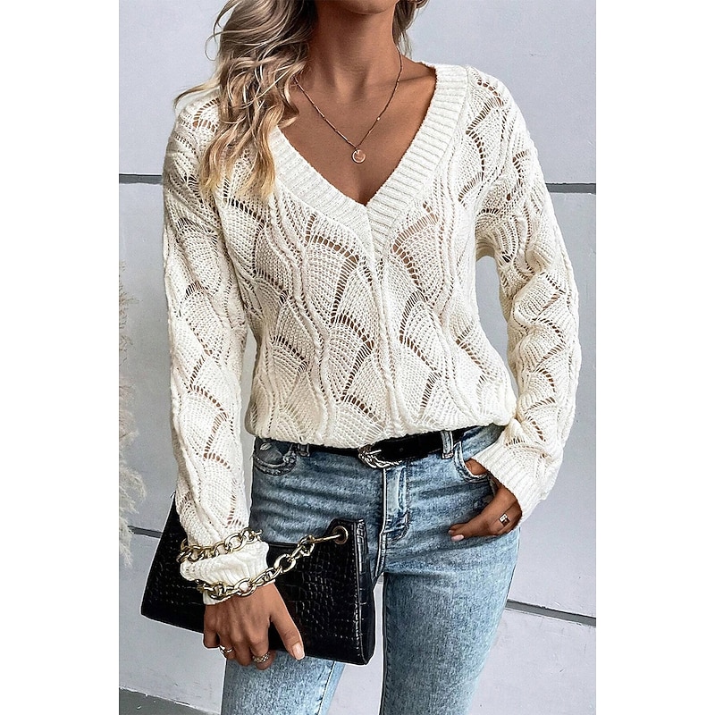 Women's Sweater Stylish Solid Color V Neck Hollow Out Long Sleeve Regular Tops Knit Work Black Green Fall Winter4