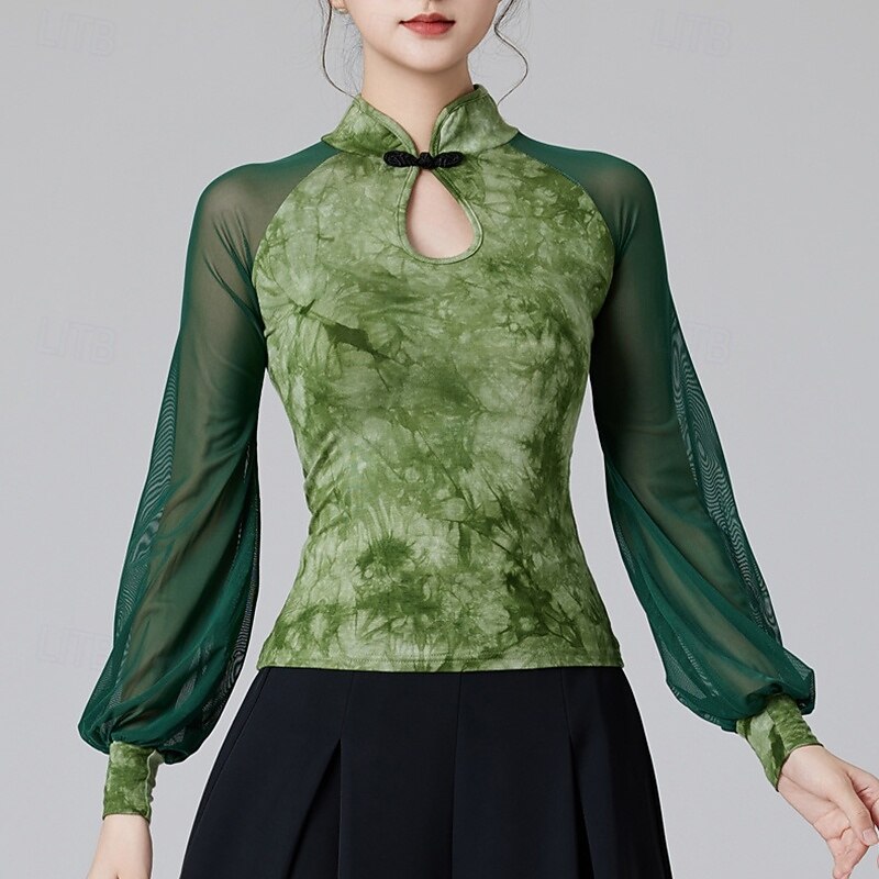 Latin Dance Top Printing Splicing Tulle Women's Performance Training Long Sleeve High Polyester3
