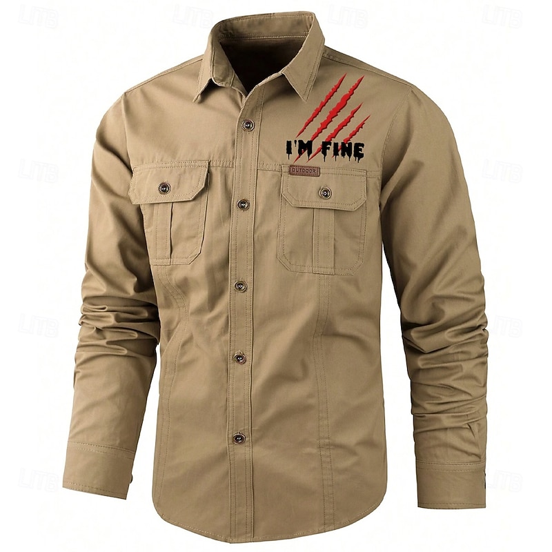 Men's Letter Printed Work Shirt Western Shirt Cargo Shirt Long Sleeve Casual Tactical Sports & Outdoor Going out Winter Spring &  Fall Turndown Print Black Army Green Khaki Beige2