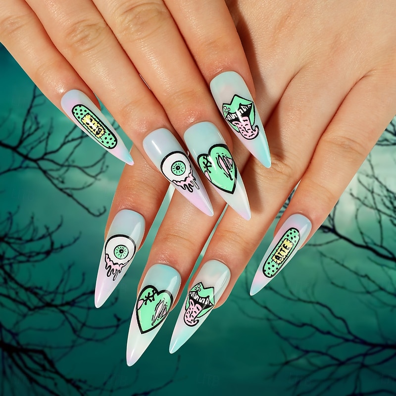 24pcs/set Long Starry Sky Gradient Green Heart, Eye, Mouth  Halloween  False Nail Tip Press on