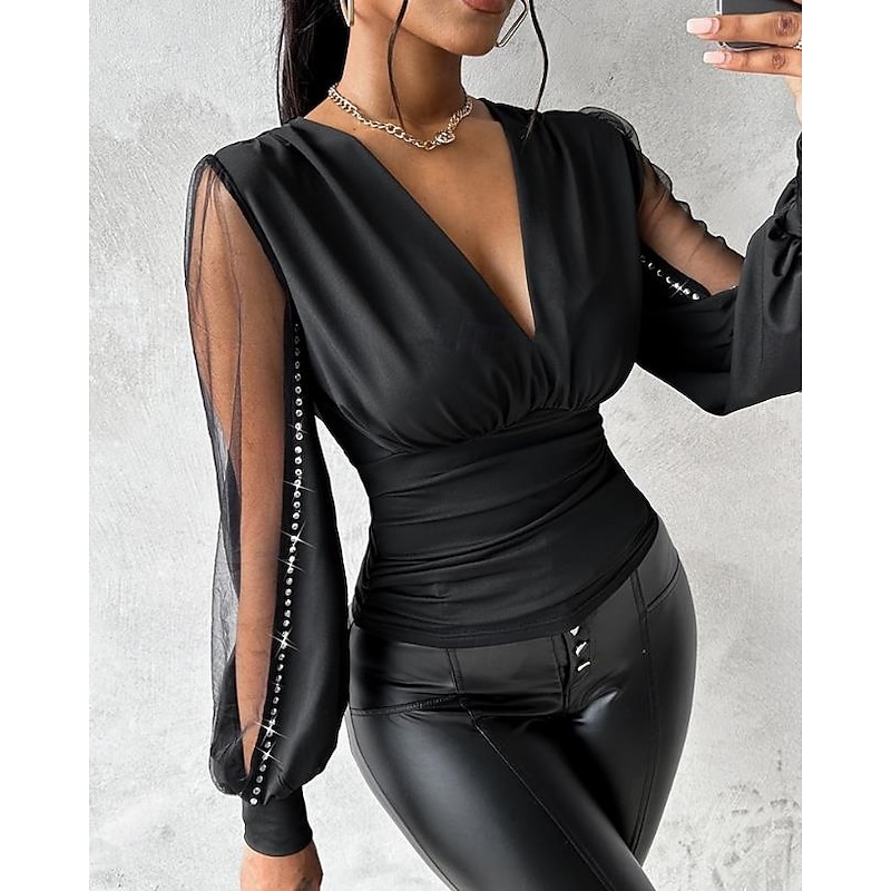 Women's Blouse Stylish Modern Mesh Long Sleeve Regular Tops V Neck Work Daily Black Red Purple Brown Fall Winter4