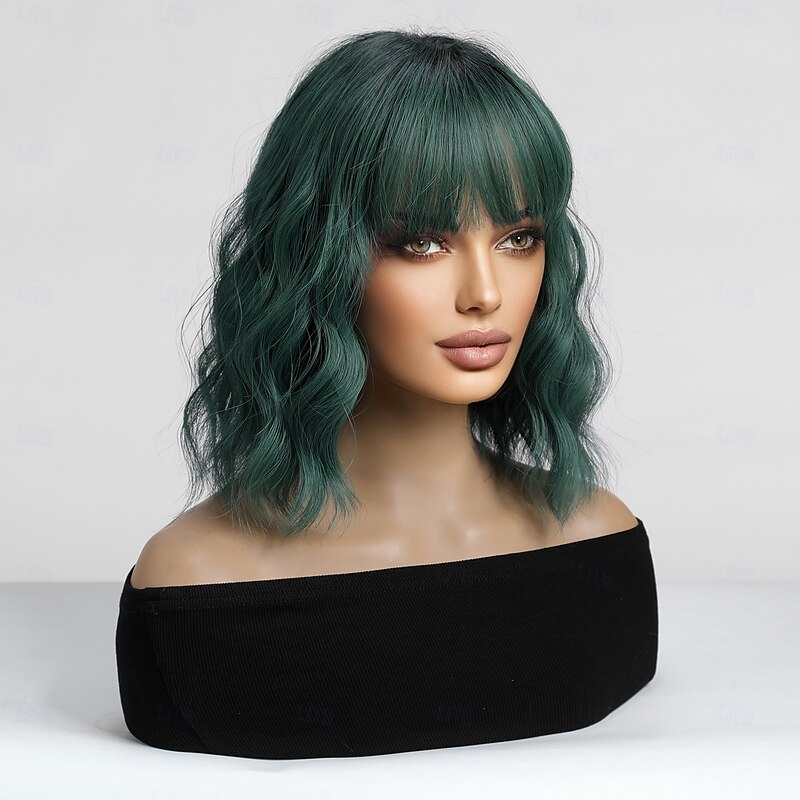 Cosplay Costume Wig Bouncy Curl Bob Neat Bang With Bangs Wig 14 inch Black / Dark Green Synthetic Hair Women's Elastic Adorable Comfortable Green4